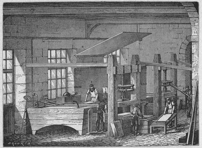 Science. Fabrication du papier. Papier fait main. Gravure dans : Grands hommes et grands faits de l