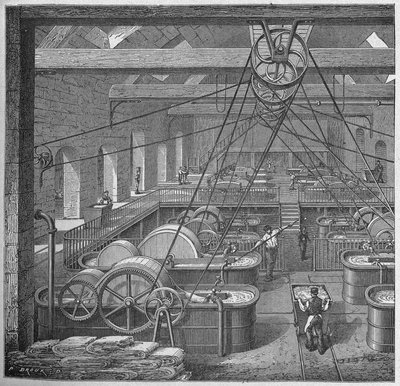 Science. Fabrication du papier. Cuves pour chiffons (fabrication de papier de coton). Gravure dans : Grands hommes et grands faits de l