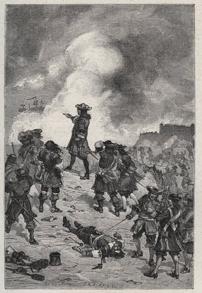 Sébastien le Prestre seigneur de Vauban (1633-1717), maréchal de France défend Brest contre une attaque de la flotte anglaise en 1695 - gravure dans « Les Hommes Célèbres de la France » par Louis Dumas 1889 - French School