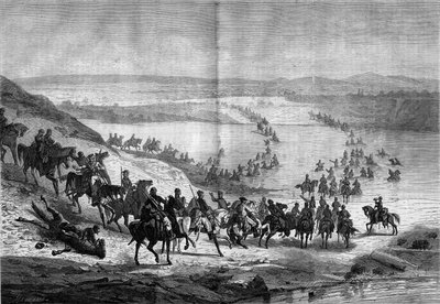 Guerre de Sécession (1861-1865) ou Guerre civile américaine : traversée du Potomac par la cavalerie sudiste du général Stuart. Gravure dans « Le Monde Illustré » n°293 du 22 novembre - French School