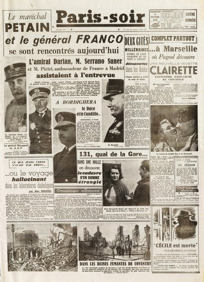 Seconde Guerre mondiale (1939-1945) - Seconde Guerre mondiale (WWII ou WW2) : PARIS SOURCE [No. 237] du 14/02/1941 - Rencontre entre LE MARÉCHAL PÉTAIN et LE GÉNÉRAL FRANCO - - French School