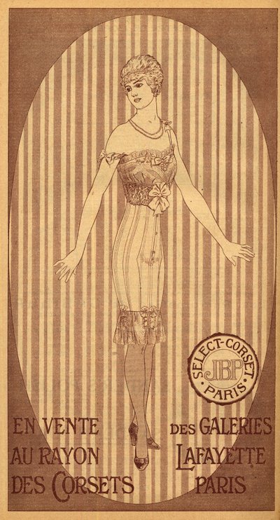 Sélection de corsets JPB en vente au rayon corsets des Galeries Lafayette à Paris - 1914 - French School