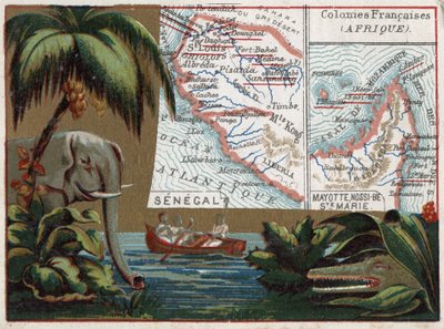 Sénégal, Mayotte, Île de Sainte-Marie, Nossi-Bé, Afrique. Éléphant, crocodile et bateau sur une rivière. Série sur les colonies françaises. Chromolithographie « le fil géographique », vers 1920. Collection privée. - French School