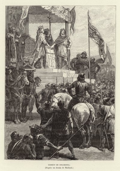 Serment de Strasbourg. Alliance entre Louis le Germanique et Charles le Chauve, rois de Francie orientale et occidentale, 842 (gravure) - French School