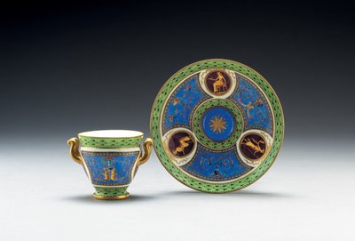 Tasse et soucoupe à deux anses, bleu céleste et vert pâle de Sèvres, 1790 - French School