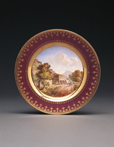Assiette topographique fond pourpre de Sèvres - French School