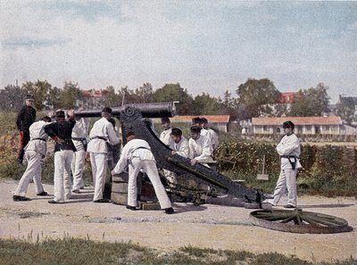 Tirer un canon de 95 depuis un poste de guet pour sièges et places - dans "Album militaire - artillerie à pied" - French School