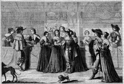 Boutiques dans la Galerie du Palais (Paris), milieu du 17ème siècle. De gauche à droite : une librairie, une mercerie, et une boutique d
