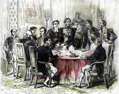Signature des ordonnances de Saint-Cloud (gravure en couleur) - French School
