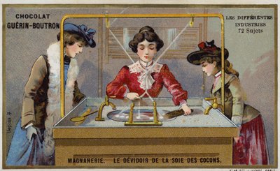 Fabrication de la soie. Filage des fibres sur un dévidoir - French School