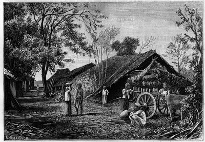 Production de soie dans un village des environs de Mandalay, Birmanie, où les vers à soie filent leur coton. Gravure dans « La Nature : revue des sciences et de leurs applications aux arts et à l