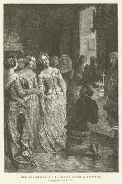 Sir Bertrand agenouillé devant la princesse - French School