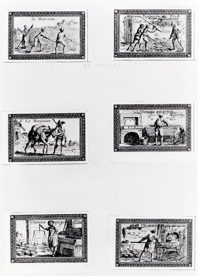 Six vignettes représentant la fabrication du pain - French School