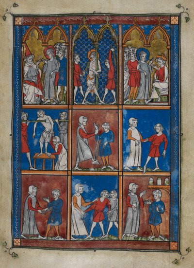 Sloane MS 1977 fol.6r Neuf miniatures montrant des scènes bibliques et médicales. En haut, le Christ devant Caïphe et Pilate; la flagellation. Au centre et en bas, des médecins traitant des patients pour des fractures et d