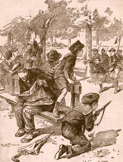 Petits garçons jouant à des jeux de guerre en France pendant la Première Guerre mondiale. Tiré de l