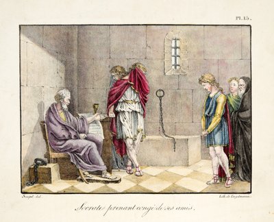 Socrate prenant congé de ses amis, pub. par Engelmann, c.1835 (gravure en couleur) - French School