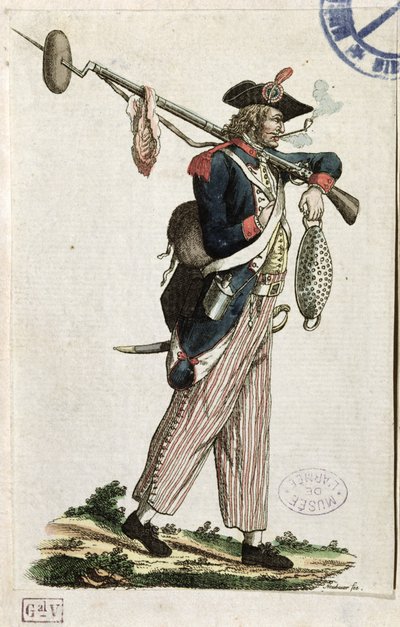Soldat de la Révolution française portant une baïonnette à laquelle est attachée une miche de pain et un morceau de viande : L