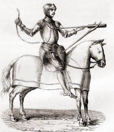 Soldat à cheval utilisant une bombarde à main, fin 14ème et début 15ème siècles, d