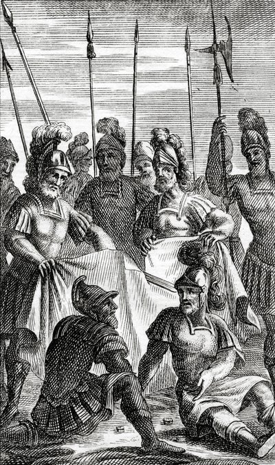 Les soldats tirant au sort pour la division des vêtements de Jésus-Christ (gravure sur cuivre) - French School