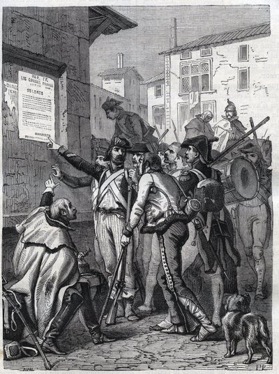 Soldats, vos besoins sont grands : soldats français lisant la proclamation du général Bonaparte en novembre 1799 - Gravure de 1865 dans « Histoire du Consulat et de l