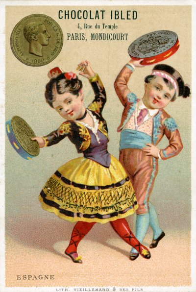 Enfants espagnols dansant avec des tambourins faits de pesetas, d
