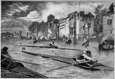 Compétition sportive : course de canoë (outrigger) sur la Tamise. Angleterre. - French School