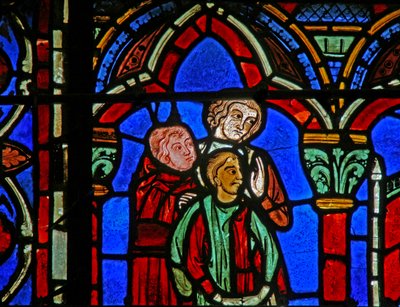 Vitrail de Saint Chéron : le fils de Clotaire conduit au tombeau - French School