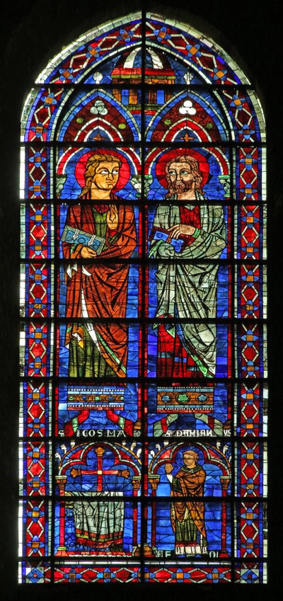 Saints Cosmos et Damien; prêtre donateur Geoffrey - French School