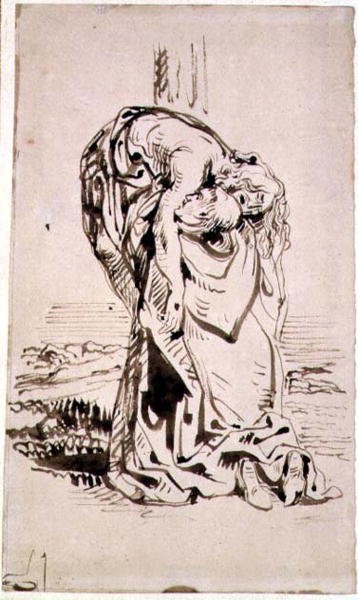 Saint François soutenant le Christ crucifié - French School