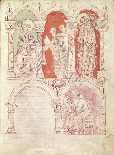Saint Jean Cassien (360-c.435) écrivant et des moines offrant le livre au patron de l