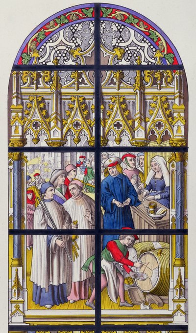 Vitrail de la cathédrale de Tournai illustrant les taxes sur la bière et le vin par les évêques de Tournai - French School