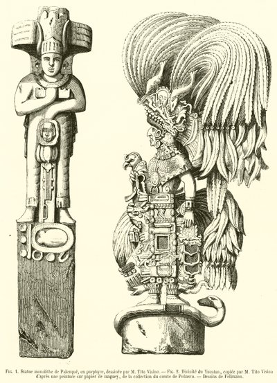 Statue monolithe de Palenque, en porphyre; Divinité du Yucatan - French School