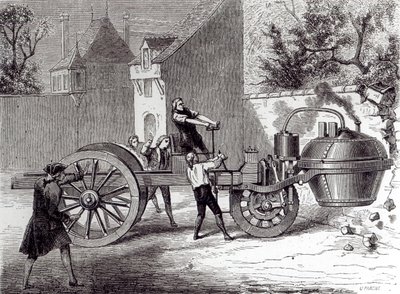 Voiture à vapeur inventée par Nicolas Joseph Cugnot (1725-1804) en 1771, 1886 - French School