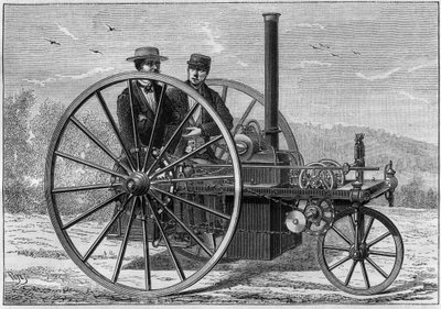 Voiture à vapeur, système de Charles Palmer, alimentée par une chaudière à coke, atteignant une vitesse de 10 à 12 kilomètres par heure. Gravure dans « La Nature. Revue des sciences et de ses applications aux arts et à l
