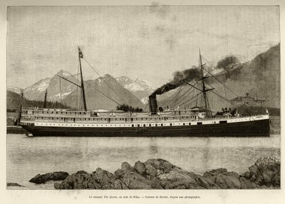 Le vapeur La Reine, dans le port de Sitka (Alaska, USA). Gravure par Bocher, en 1890, dans Le tour du monde, nouveau journal des voyages, édité par Edouard Charton (1807-1890), 2e semestre 1891, édition Hachette, Paris. - French School