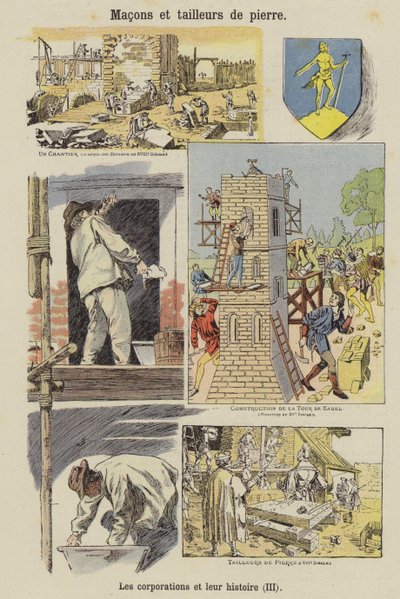 Maçons et briqueteurs (lithographie couleur) - French School