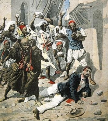Lapidation à mort du Docteur Émile Mauchamp à Marrakech, illustration de couverture de Le Petit Journal, 7 avril 1907 - French School