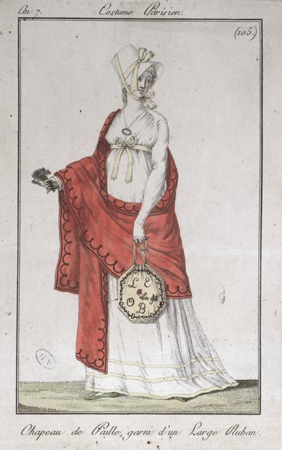 Chapeau de paille avec un ruban, planche de mode des Costumes Parisiens, 1799 - French School