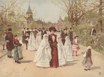 Scène de rue avec des filles portant des robes de Confirmation - French School