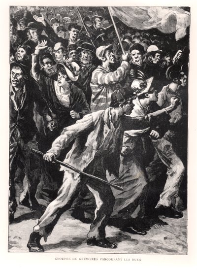 Manifestants en grève dans les rues de Chicago pendant les émeutes de Pullman de 1894, vers 1895 - French School