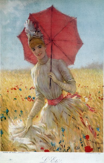 Été : jeune femme avec un parapluie dans un champ de blé - dessin, fin 19e siècle - French School