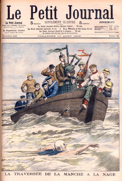 Traversée de la Manche à la nage par Jabez Wolffe (1877-1943) - Illustration pour Le Petit Journal - French School
