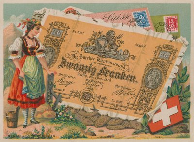 Fille suisse en costume traditionnel et billet de 20 francs - French School