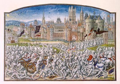 T.2 fol.287 Victoire des habitants de Gand dirigés par Philipp van Artevelde devant Bruges en 1381, de la Chronique de Froissart, 1472 - French School