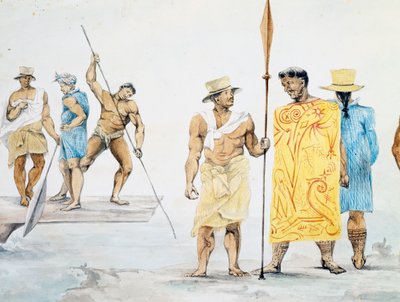 Chefs tahitiens embarquant sur la Coquille, dessin de Jules-Louis Lejeune, basé sur Voyage autour du monde - French School