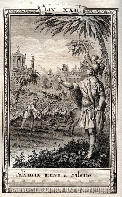 Télémaque retourne à Salente (Salento) - gravure de 1798 par Monnet dans « Les Aventures de Télémaque, fils d