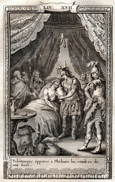 Télémaque soigne les blessures de Phalante et lui apporte les cendres de son frère - gravure de 1798 d