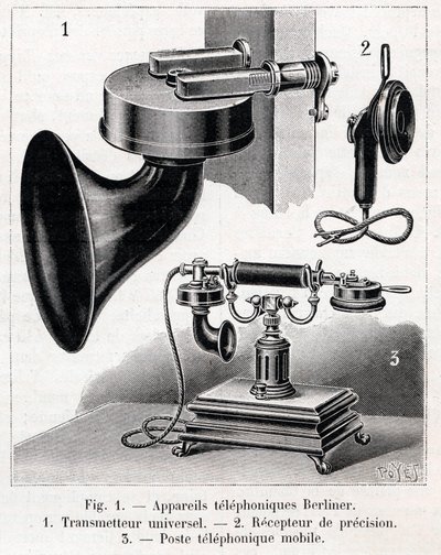 Appareil téléphonique - Système Berliner - gravure dans «La nature» de 1902 - French School