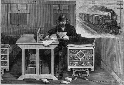 Communications téléphoniques des trains en marche, système de Thomas Edison (1847-1931) : un employé équipé d