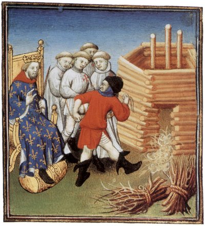Les Templiers vont être exécutés sous le regard du roi de France Philippe IV le Bel en 1310, enluminure - French School